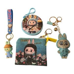 Charming Labubu Blue Accessory Set - 2 coin purses 2 keychains